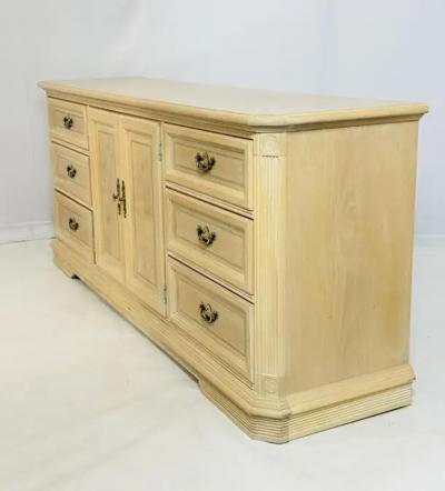 Pickled White Oakwood Credenza Dresser with Nine Drawers