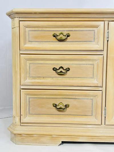 Pickled White Oakwood Credenza Dresser with Nine Drawers