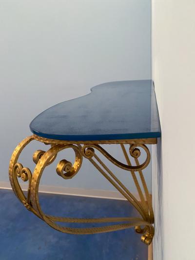 Pier Luigi Colli Italian Midcentury Blue Glass Gold Iron Console Table by Pier Luigi Colli