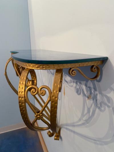 Pier Luigi Colli Italian Midcentury Blue Glass Gold Iron Console Table by Pier Luigi Colli