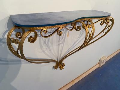Pier Luigi Colli Italian Midcentury Blue Glass Gold Iron Console Table by Pier Luigi Colli