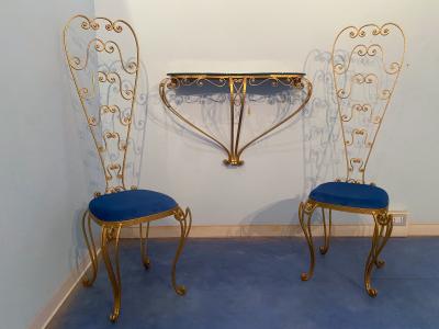 Pier Luigi Colli Italian Midcentury Blue Glass Gold Iron Console Table by Pier Luigi Colli