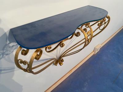 Pier Luigi Colli Italian Midcentury Blue Glass Gold Iron Console Table by Pier Luigi Colli