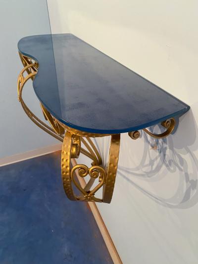 Pier Luigi Colli Italian Midcentury Blue Glass Gold Iron Console Table by Pier Luigi Colli