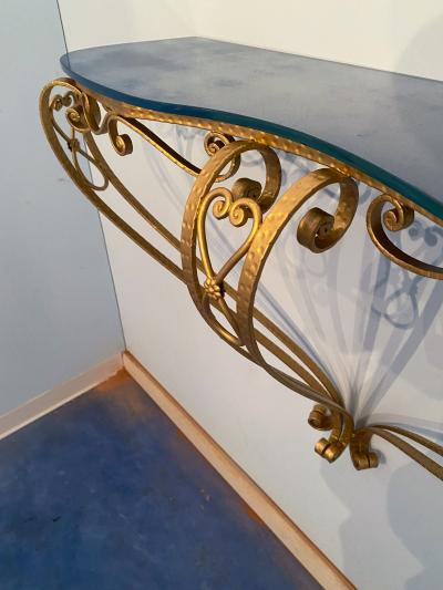 Pier Luigi Colli Italian Midcentury Blue Glass Gold Iron Console Table by Pier Luigi Colli
