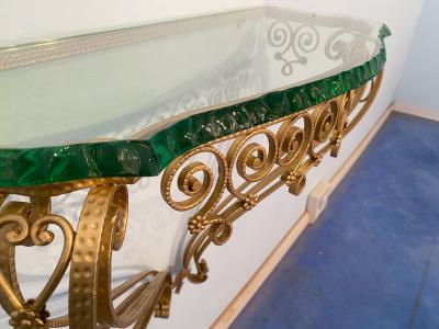 Pier Luigi Colli Italian Midcentury Green Crystal Gold Iron Console Table by Pier Luigi Colli