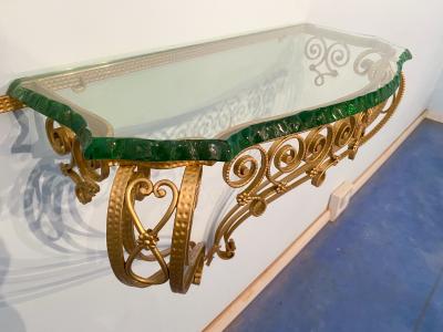 Pier Luigi Colli Italian Midcentury Green Crystal Gold Iron Console Table by Pier Luigi Colli