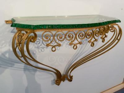 Pier Luigi Colli Italian Midcentury Green Crystal Gold Iron Console Table by Pier Luigi Colli