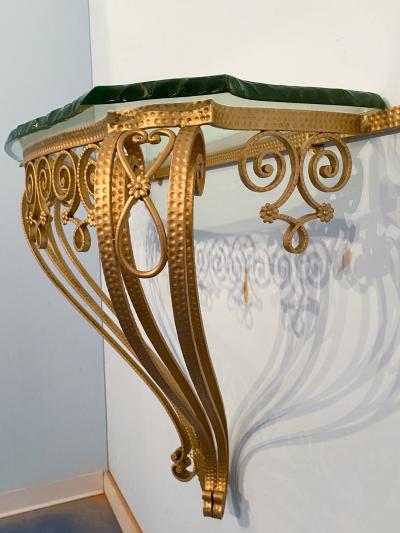 Pier Luigi Colli Italian Midcentury Green Crystal Gold Iron Console Table by Pier Luigi Colli