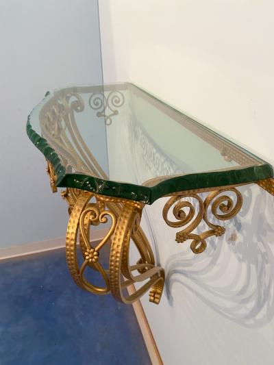 Pier Luigi Colli Italian Midcentury Green Crystal Gold Iron Console Table by Pier Luigi Colli