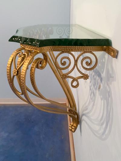 Pier Luigi Colli Italian Midcentury Green Crystal Gold Iron Console Table by Pier Luigi Colli