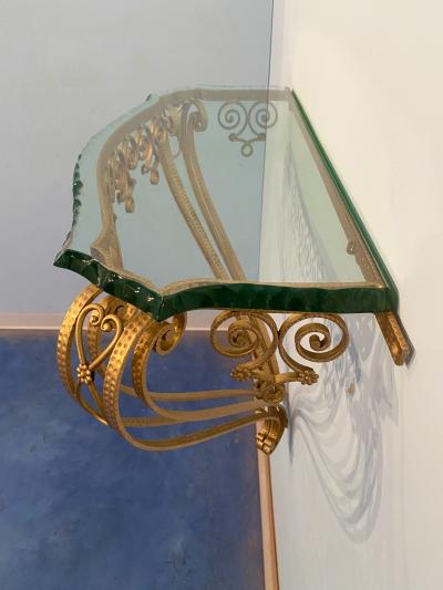 Pier Luigi Colli Italian Midcentury Green Crystal Gold Iron Console Table by Pier Luigi Colli