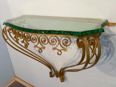 Pier Luigi Colli Italian Midcentury Green Crystal Gold Iron Console Table by Pier Luigi Colli
