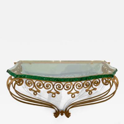 Pier Luigi Colli Italian Midcentury Green Crystal Gold Iron Console Table by Pier Luigi Colli