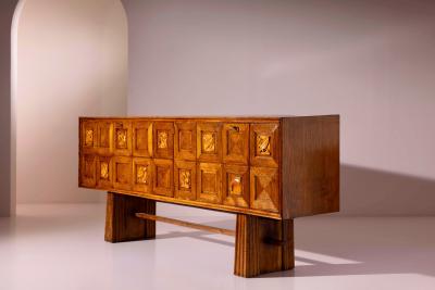 Pier Luigi Colli Pier Luigi Colli Oak wood sideboard with carved walnut inlays Italy 1940s