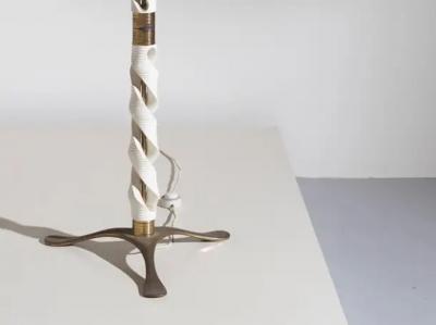 Pier Luigi Colli Pier Luigi Colli Wooden Carved Floor Lamp with Brass Details Italy 1950s