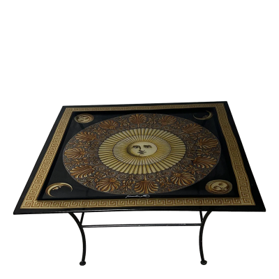 Piero Fornasetti 1990s Italian Piero Fornasetti printed acrylic metal coffee table