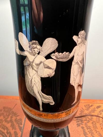Piero Fornasetti ART DECO NEOCLASSICAL REVERSE PAINTED GLASS URN LAMPS WITH BLACK STRING SHADES