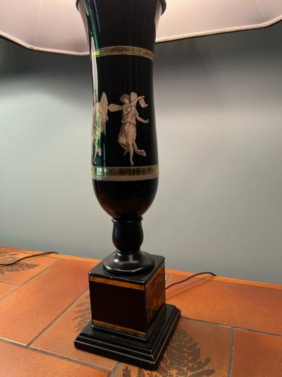 Piero Fornasetti ART DECO NEOCLASSICAL REVERSE PAINTED GLASS URN LAMPS WITH BLACK STRING SHADES