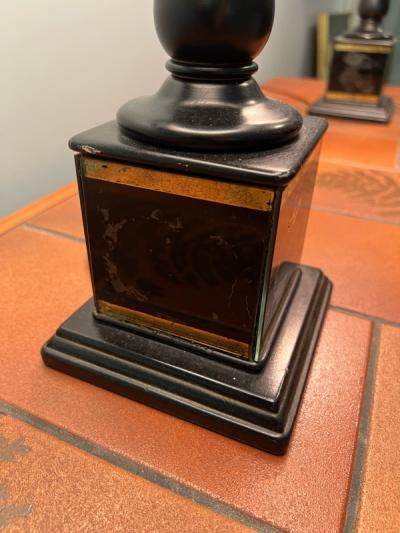 Piero Fornasetti ART DECO NEOCLASSICAL REVERSE PAINTED GLASS URN LAMPS WITH BLACK STRING SHADES