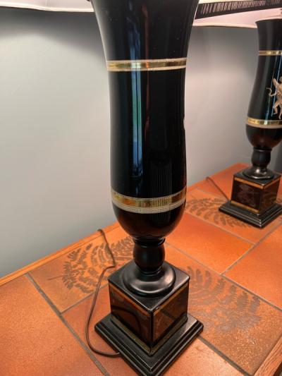Piero Fornasetti ART DECO NEOCLASSICAL REVERSE PAINTED GLASS URN LAMPS WITH BLACK STRING SHADES