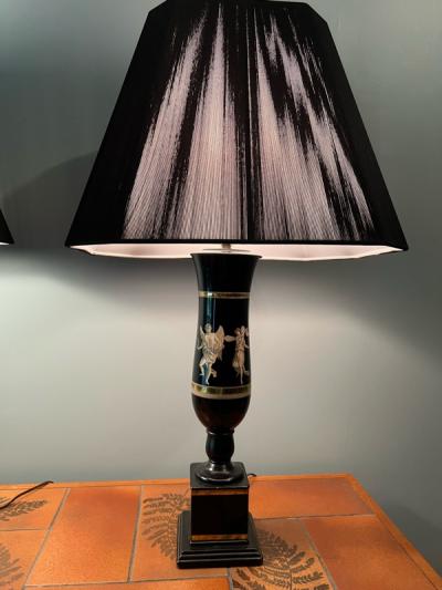Piero Fornasetti ART DECO NEOCLASSICAL REVERSE PAINTED GLASS URN LAMPS WITH BLACK STRING SHADES