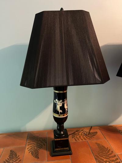 Piero Fornasetti ART DECO NEOCLASSICAL REVERSE PAINTED GLASS URN LAMPS WITH BLACK STRING SHADES