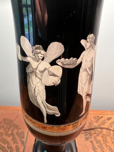 Piero Fornasetti ART DECO NEOCLASSICAL REVERSE PAINTED GLASS URN LAMPS WITH BLACK STRING SHADES