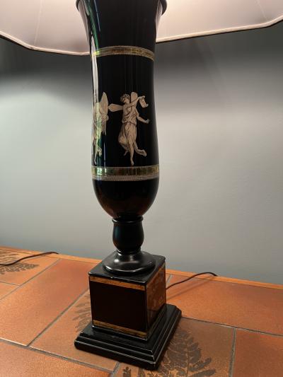 Piero Fornasetti ART DECO NEOCLASSICAL REVERSE PAINTED GLASS URN LAMPS WITH BLACK STRING SHADES