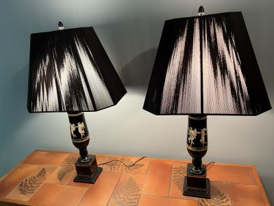 Piero Fornasetti ART DECO NEOCLASSICAL REVERSE PAINTED GLASS URN LAMPS WITH BLACK STRING SHADES