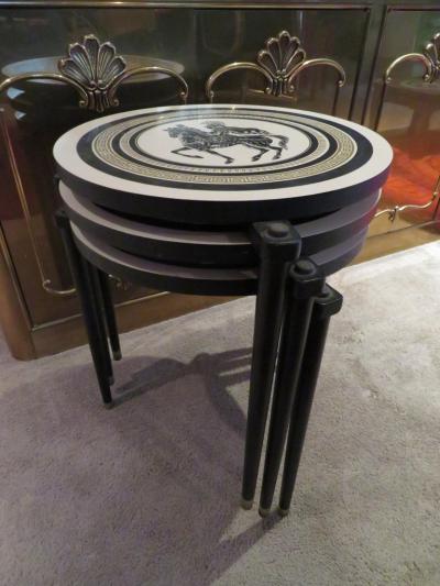 Piero Fornasetti Charming Set of 3 Piero Fornasetti Style Stack Nesting Table Mid Century Modern