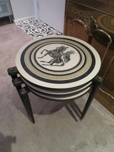 Piero Fornasetti Charming Set of 3 Piero Fornasetti Style Stack Nesting Table Mid Century Modern