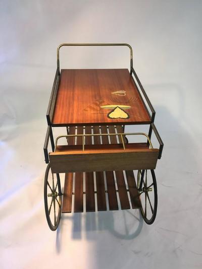 Piero Fornasetti Fantastic Signed Fornasetti Style Italian Mid Century Wood and Brass Bar Cart