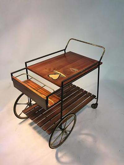 Piero Fornasetti Fantastic Signed Fornasetti Style Italian Mid Century Wood and Brass Bar Cart