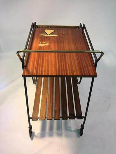 Piero Fornasetti Fantastic Signed Fornasetti Style Italian Mid Century Wood and Brass Bar Cart