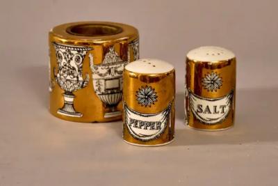 Piero Fornasetti Fornasetti salt and pepper shakers with an additional container
