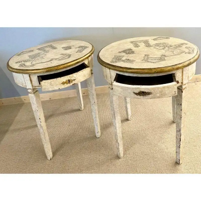 Piero Fornasetti Gustavian Pair of End Side Tables Swedish Paint Decorated Fornasetti Style