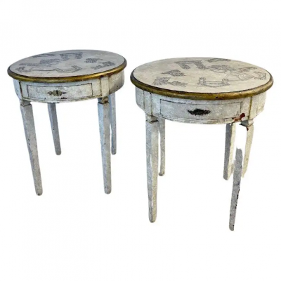 Piero Fornasetti Gustavian Pair of End Side Tables Swedish Paint Decorated Fornasetti Style
