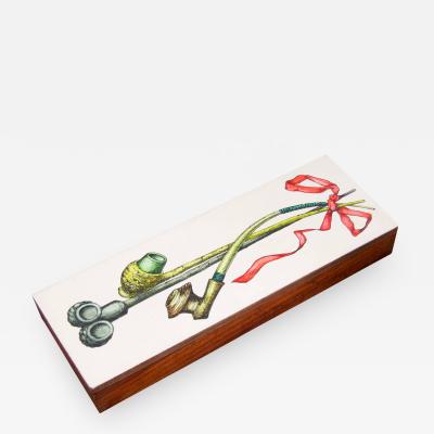 Piero Fornasetti Large Piero Fornasetti Labeled Wooden Box with Folding Lid