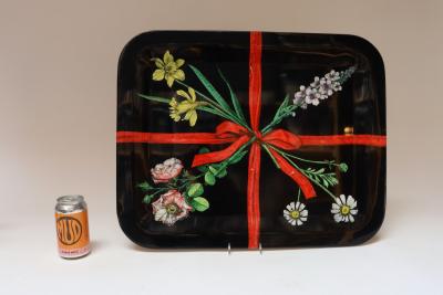 Piero Fornasetti Large Vintage Lacquered Metal Litho Ribbon and Floral Tray by Piero Fornasetti