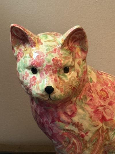 Piero Fornasetti MID CENTURY FLORAL PAISLEY DECOUPAGE CERAMIC CAT IN THE MANNER OF FORNASETTI