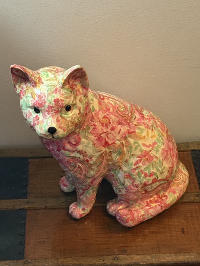 Piero Fornasetti MID CENTURY FLORAL PAISLEY DECOUPAGE CERAMIC CAT IN THE MANNER OF FORNASETTI