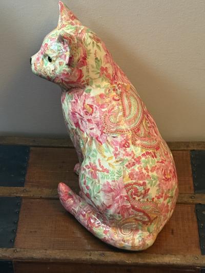 Piero Fornasetti MID CENTURY FLORAL PAISLEY DECOUPAGE CERAMIC CAT IN THE MANNER OF FORNASETTI