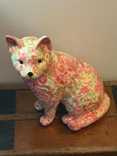 Piero Fornasetti MID CENTURY FLORAL PAISLEY DECOUPAGE CERAMIC CAT IN THE MANNER OF FORNASETTI