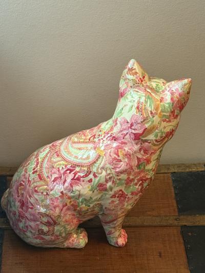 Piero Fornasetti MID CENTURY FLORAL PAISLEY DECOUPAGE CERAMIC CAT IN THE MANNER OF FORNASETTI