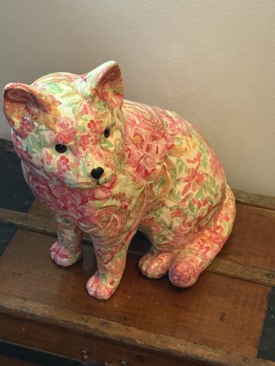 Piero Fornasetti MID CENTURY FLORAL PAISLEY DECOUPAGE CERAMIC CAT IN THE MANNER OF FORNASETTI