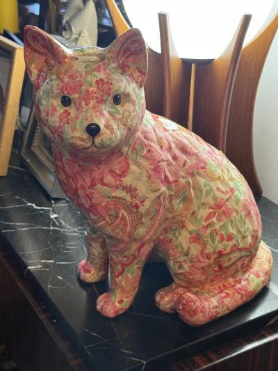 Piero Fornasetti MID CENTURY FLORAL PAISLEY DECOUPAGE CERAMIC CAT IN THE MANNER OF FORNASETTI