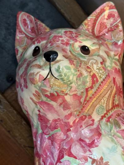 Piero Fornasetti MID CENTURY FLORAL PAISLEY DECOUPAGE CERAMIC CAT IN THE MANNER OF FORNASETTI