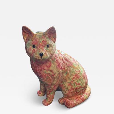 Piero Fornasetti MID CENTURY FLORAL PAISLEY DECOUPAGE CERAMIC CAT IN THE MANNER OF FORNASETTI