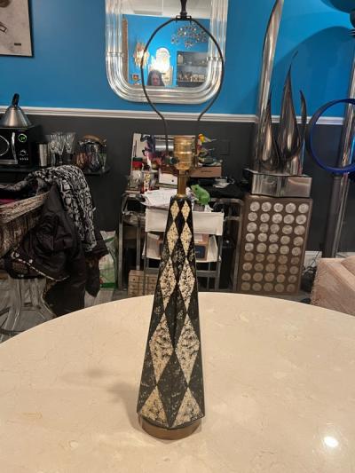 Piero Fornasetti MID CENTURY PAIR OF HARLEQUIN PATTERN OBELISK LAMPS IN THE MANNER OF FORNASETTI